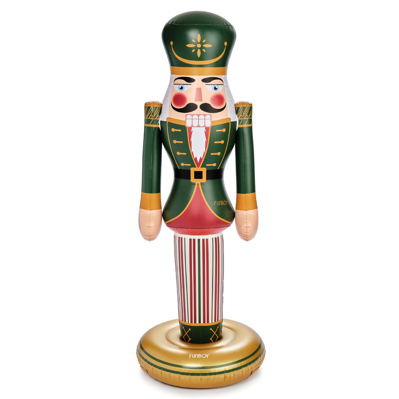 Inflatable 5 ft nutcracker christmas decoar with green hat and red face on a white background