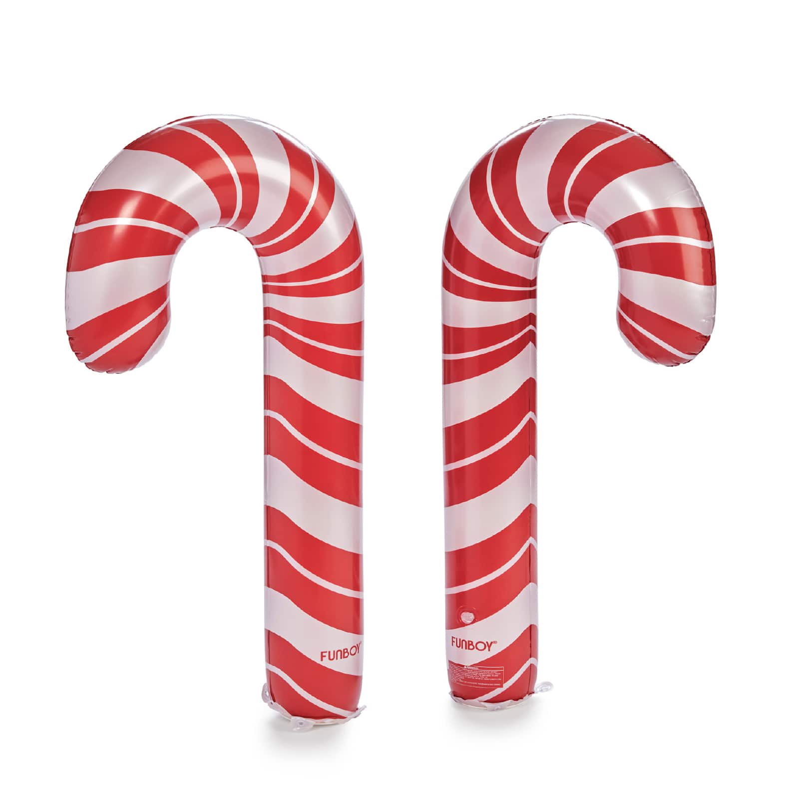 Two inflatable candy canes with red and white stripes on a white background
