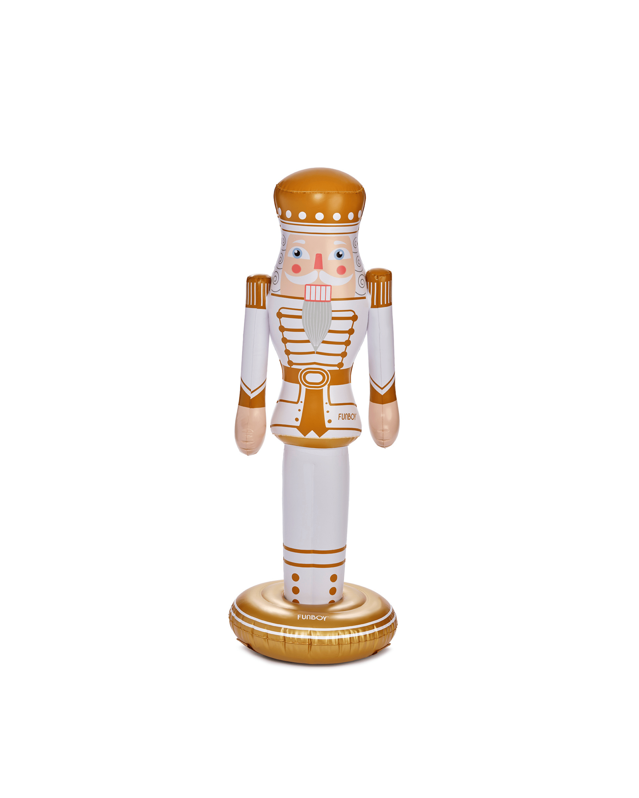 Inflatable nutcracker Christmas decor with gold and white details on a white background