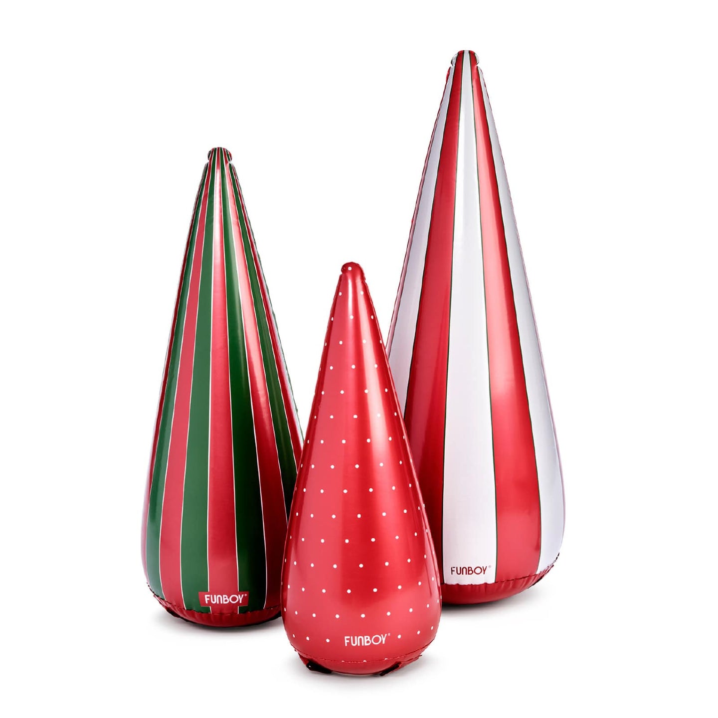 Three decorative vases with red, green, and white patterns on a white background