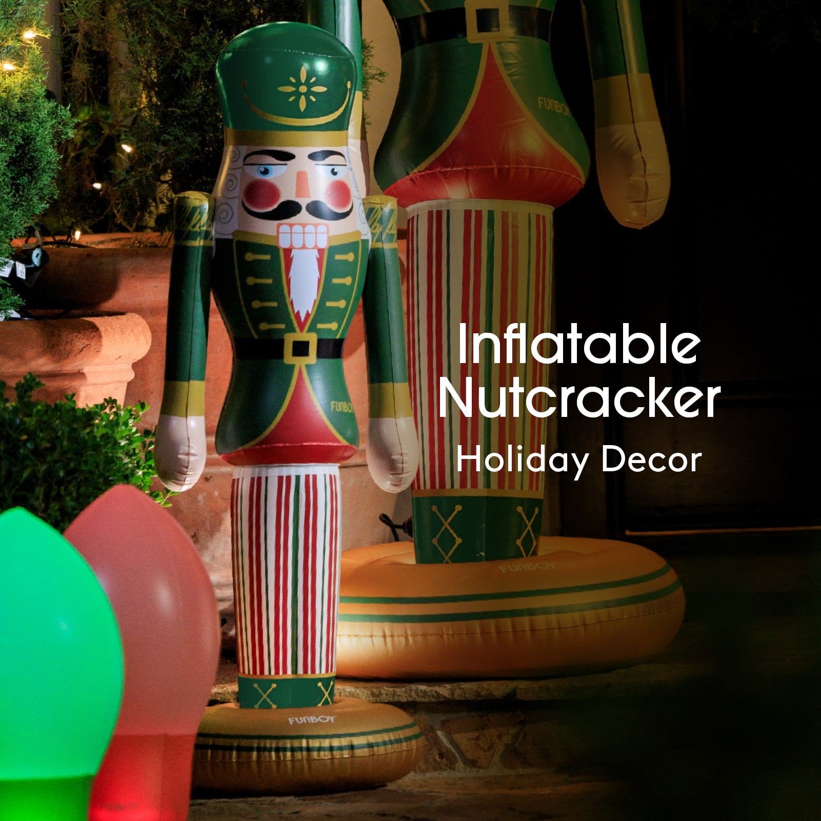 Inflatable nutcracker decoration with holiday decor elements in the background