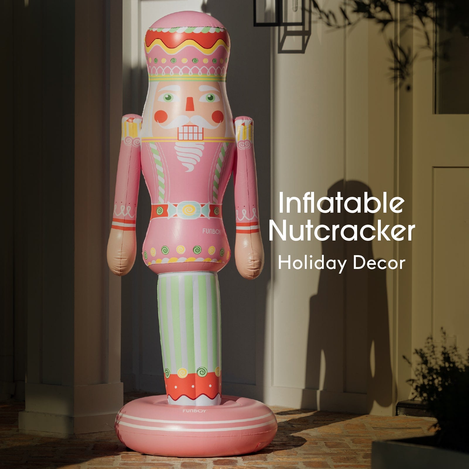 Inflatable nutcracker decoration in front of a house entrance