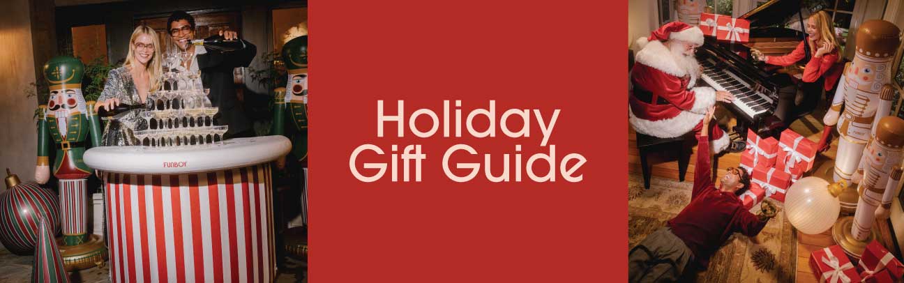 Promotional image for a holiday gift guide with festive scenes and text overlay. Text reads Holiday Gift Guide