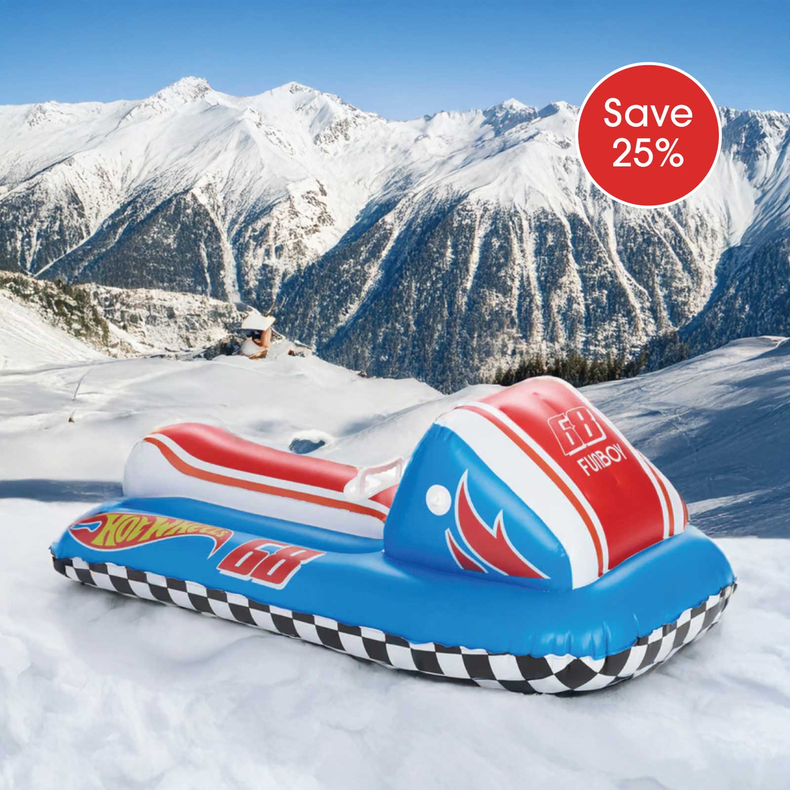 Inflatable snow tube with Hot Wheels branding on a snowy mountain background. Text overlay reads Save 25%
