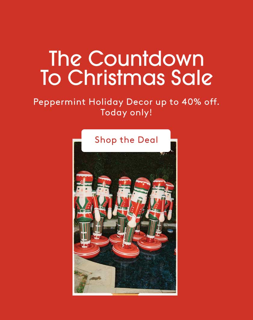 Promotional graphic for a Christmas sale with nutcrackers and text on a red background. Text Reads. Peppermint holiday decor up to 40% off. Today only. 