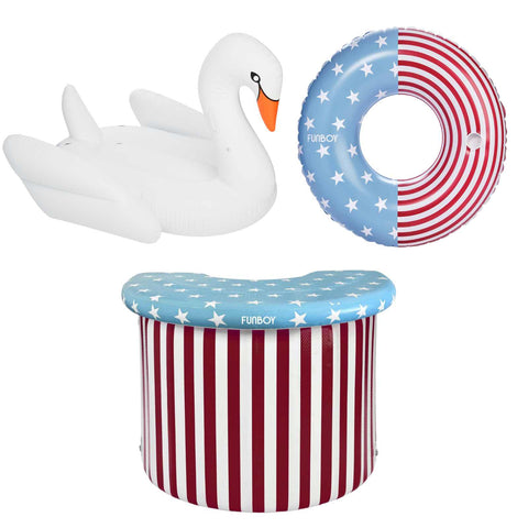 Inflatable swan, star and stripe inflatable ring, and striped stool with star and stripe design on a white background.