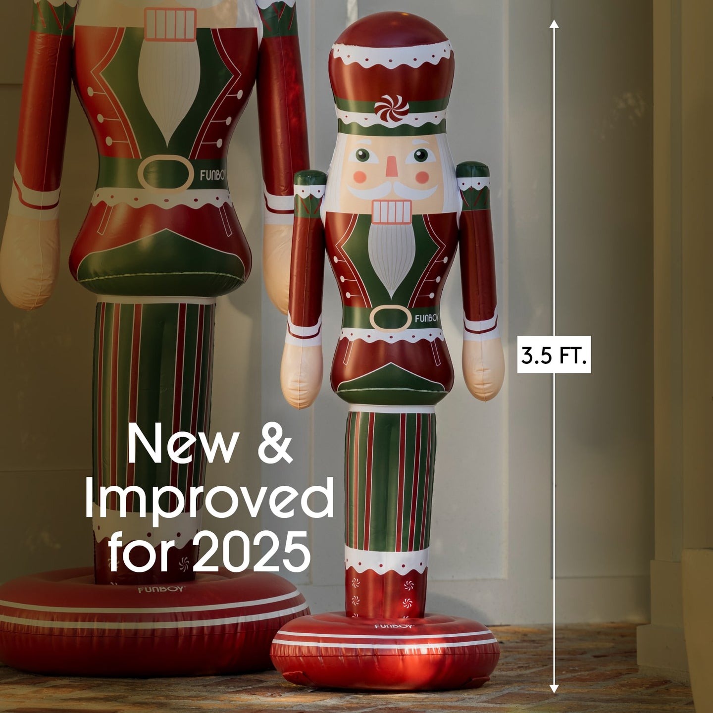 Inflatable nutcracker decoration with measurement label and text 'New & Improved for 2025'.