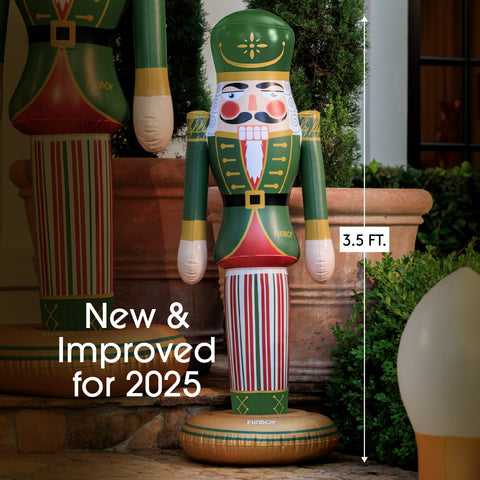 Decorative nutcracker figure with height measurement and 'New & Improved for 2025' text