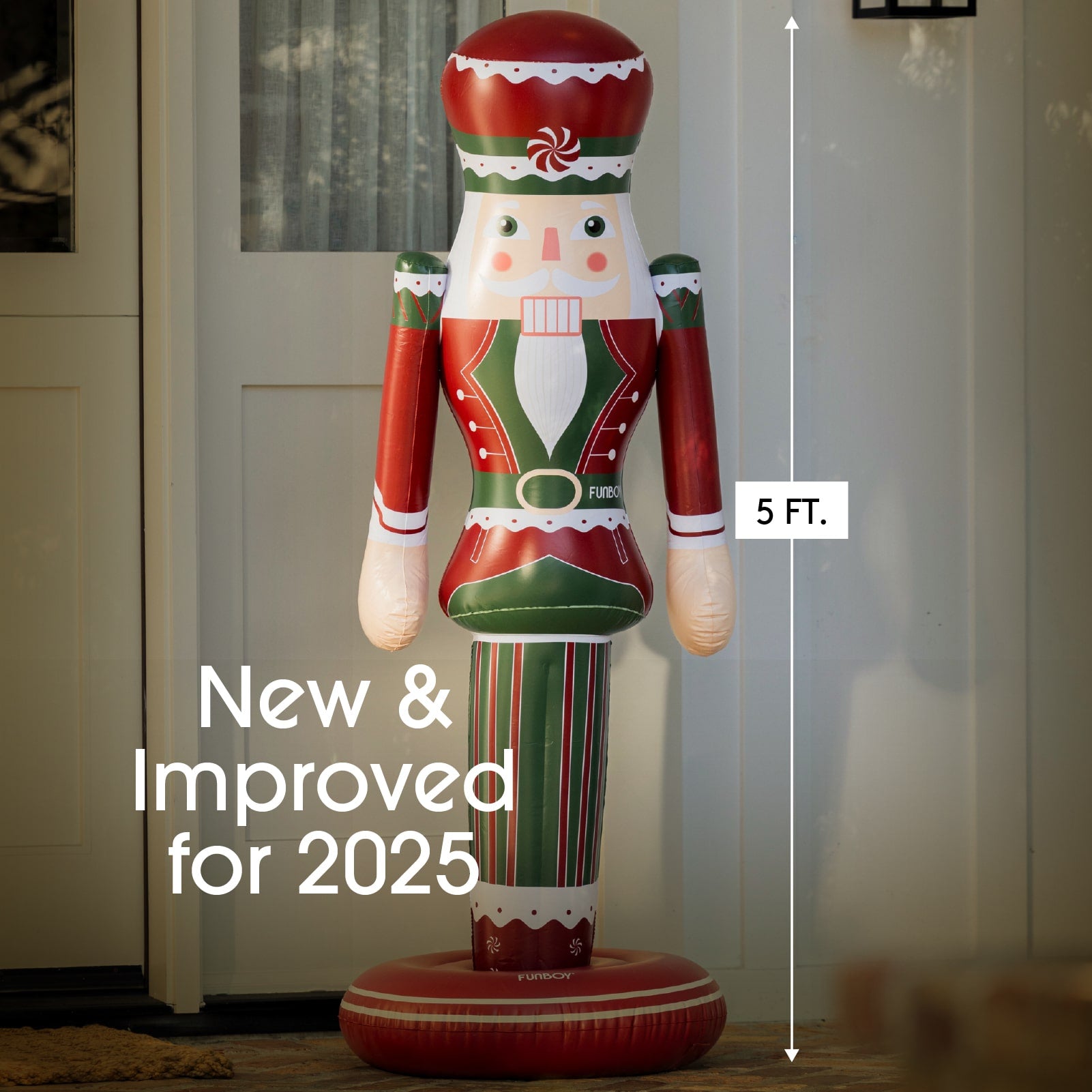 Inflatable nutcracker decoration with height measurement and 'New & Improved for 2025' text