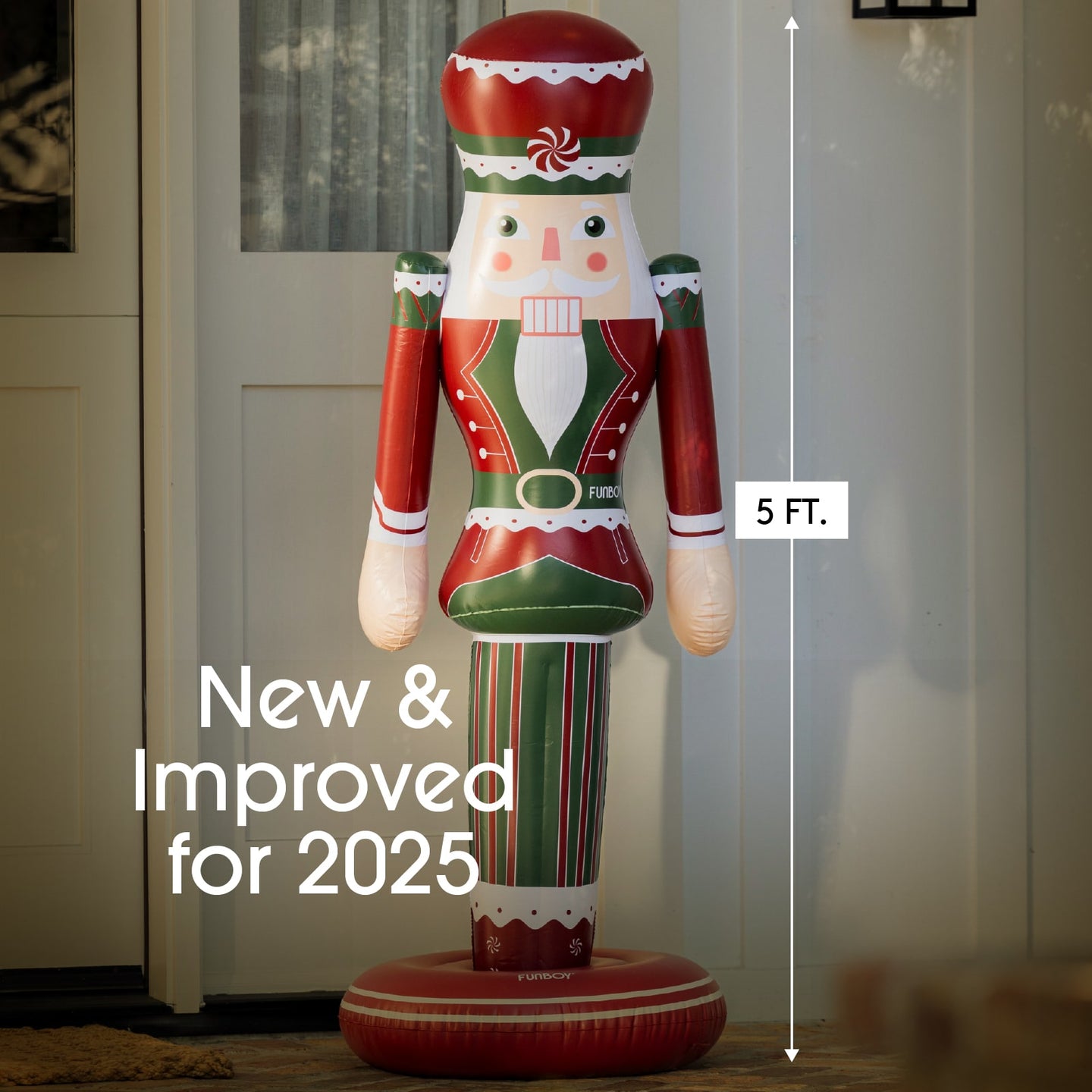 Inflatable nutcracker decoration with height measurement and 'New & Improved for 2025' text.