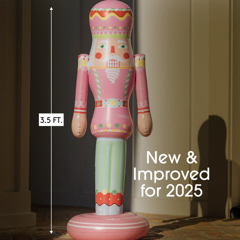 Inflatable nutcracker decoration with height measurement and 'New & Improved for 2025' text.