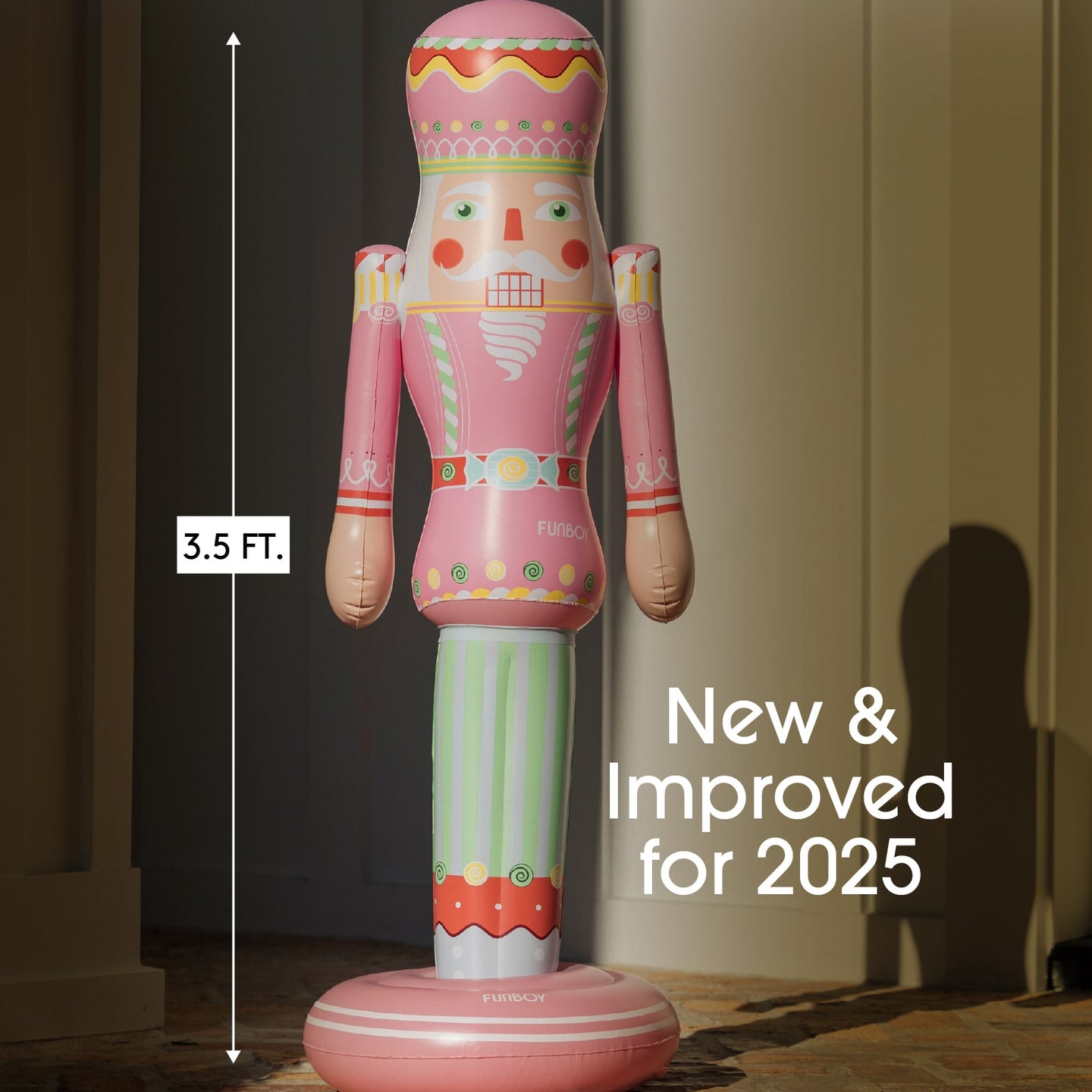 Inflatable nutcracker decoration with height measurement and 'New & Improved for 2025' text.