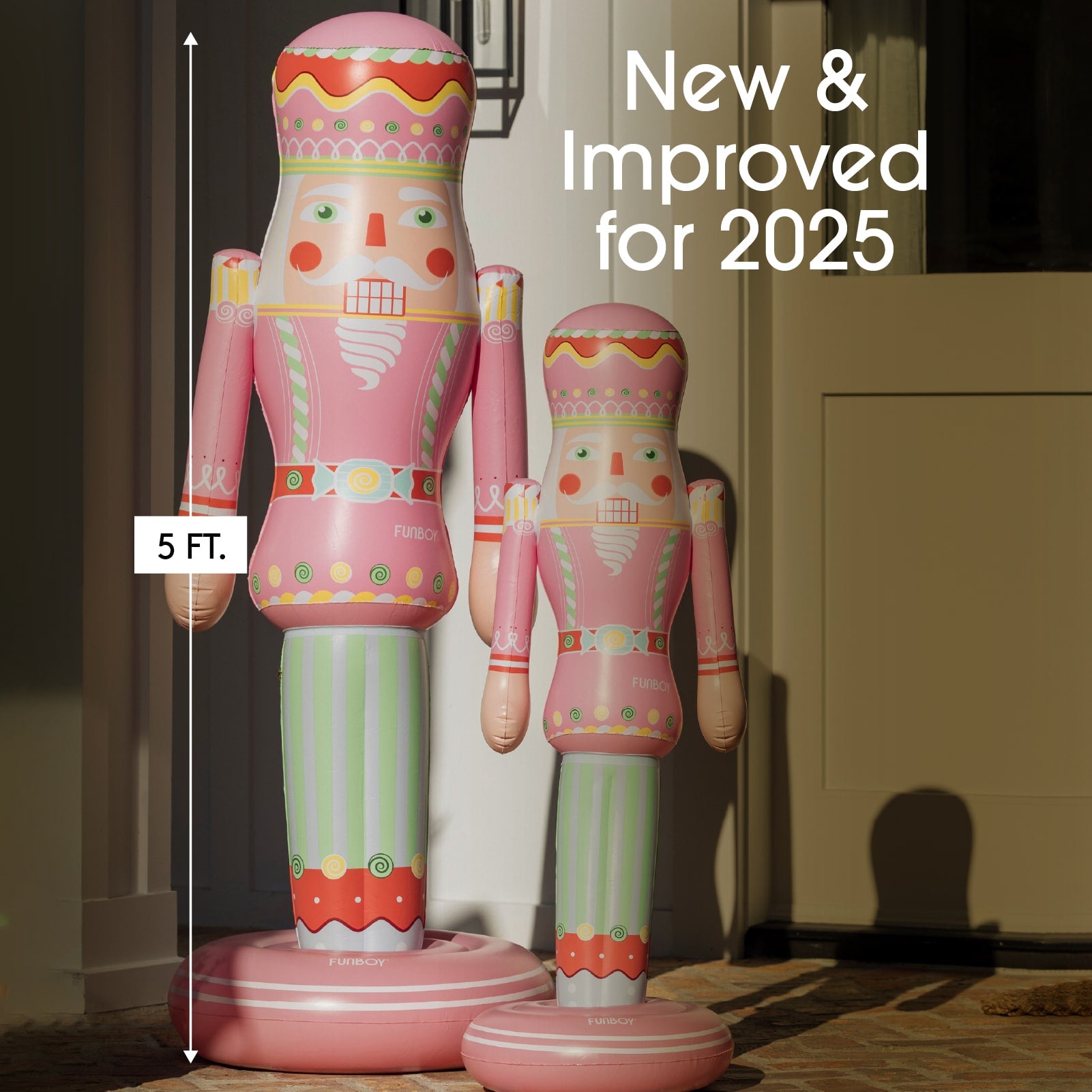 Two colorful nutcracker figurines with a measurement label indicating 5 feet tall, set against a neutral background