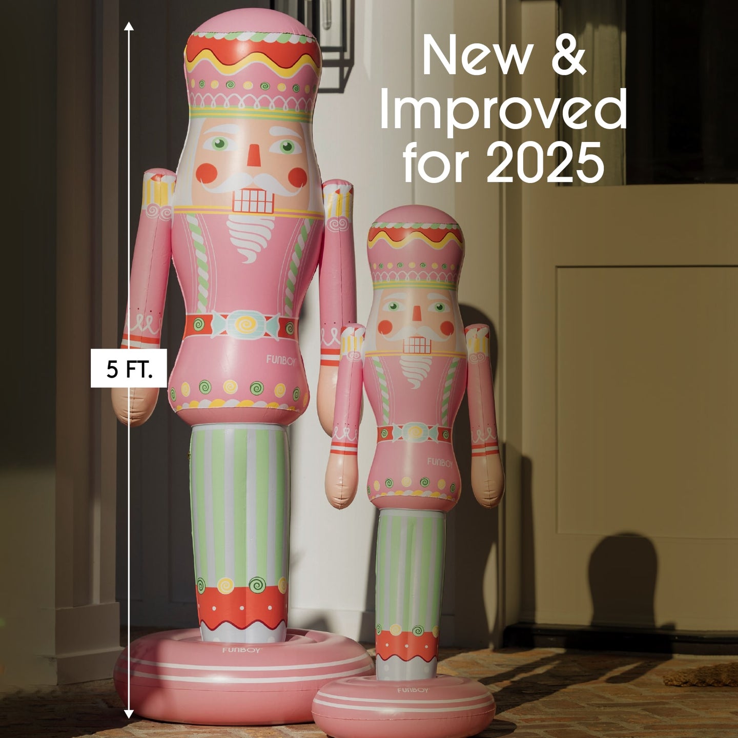 Two colorful nutcracker figurines with a measurement label indicating 5 feet tall, set against a neutral background. Text reads " new and improved for 2025"