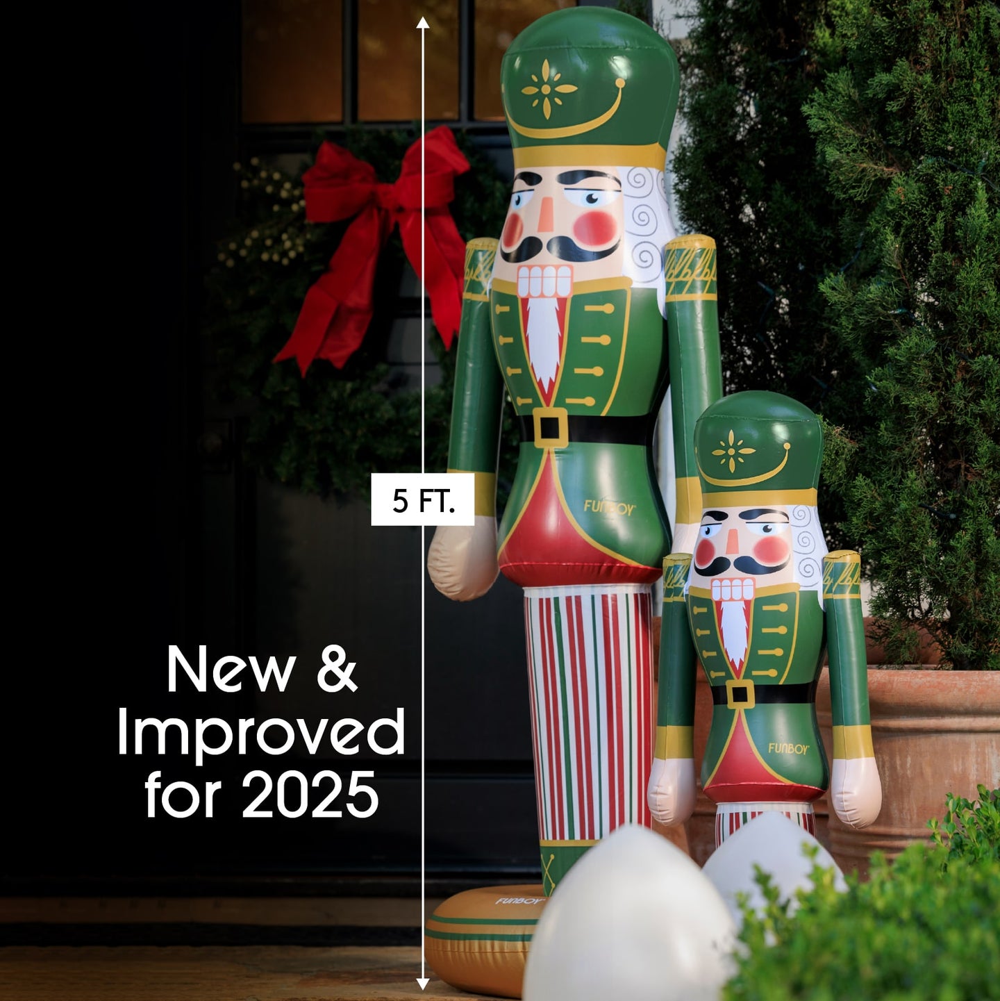 Inflatable nutcracker decorations with a height indicator and text 'New & Improved for 2025'.
