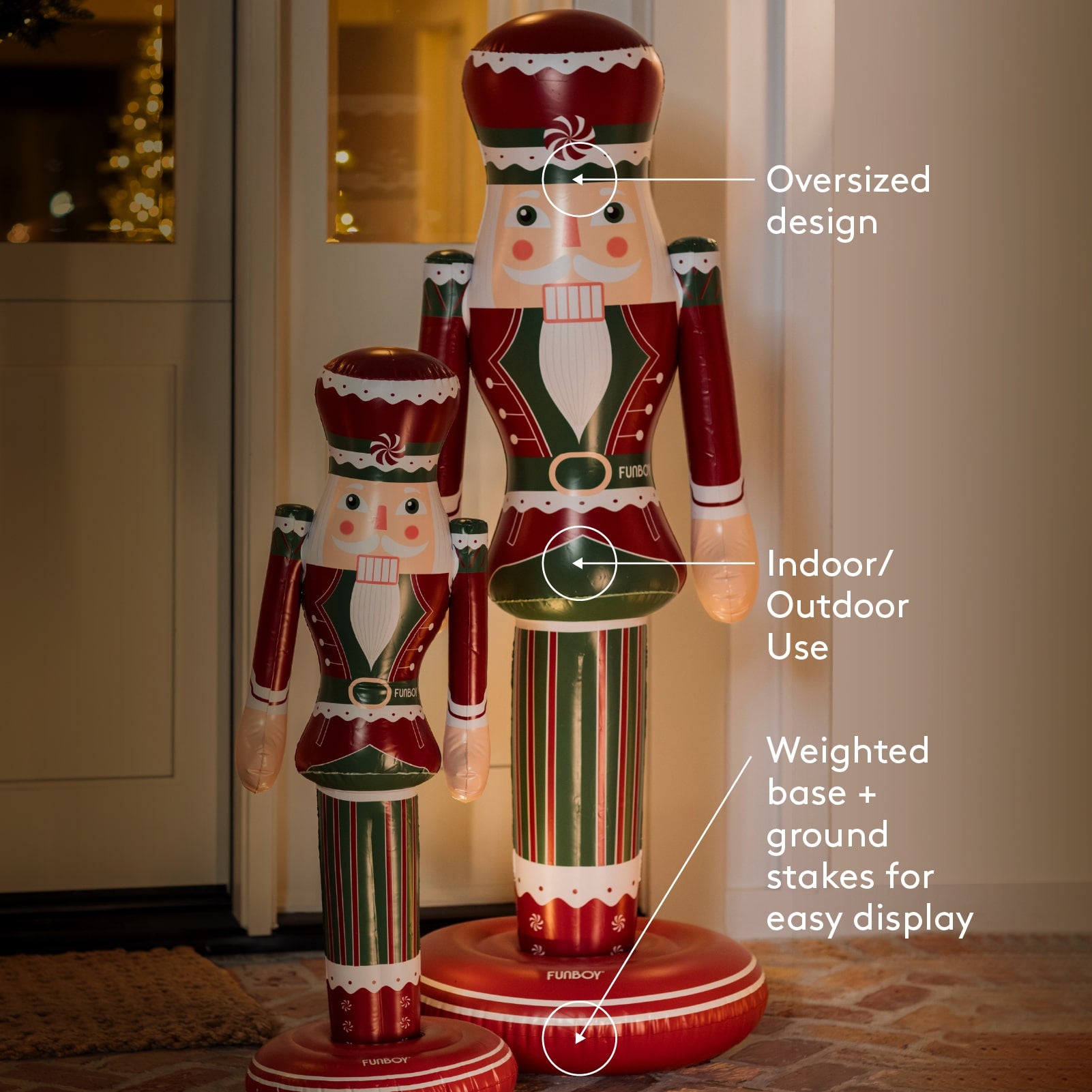 Decorative nutcracker figure with text highlighting features on a neutral background