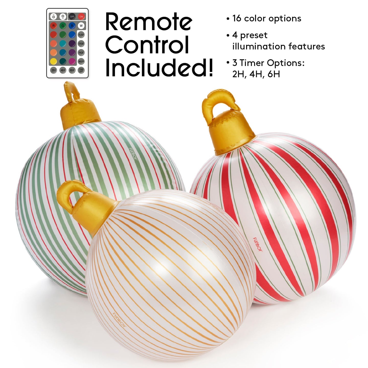 Three striped ornaments with a remote control on a white background