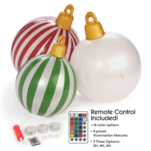 Inflatable Christmas ornaments with remote control and color options on a white background