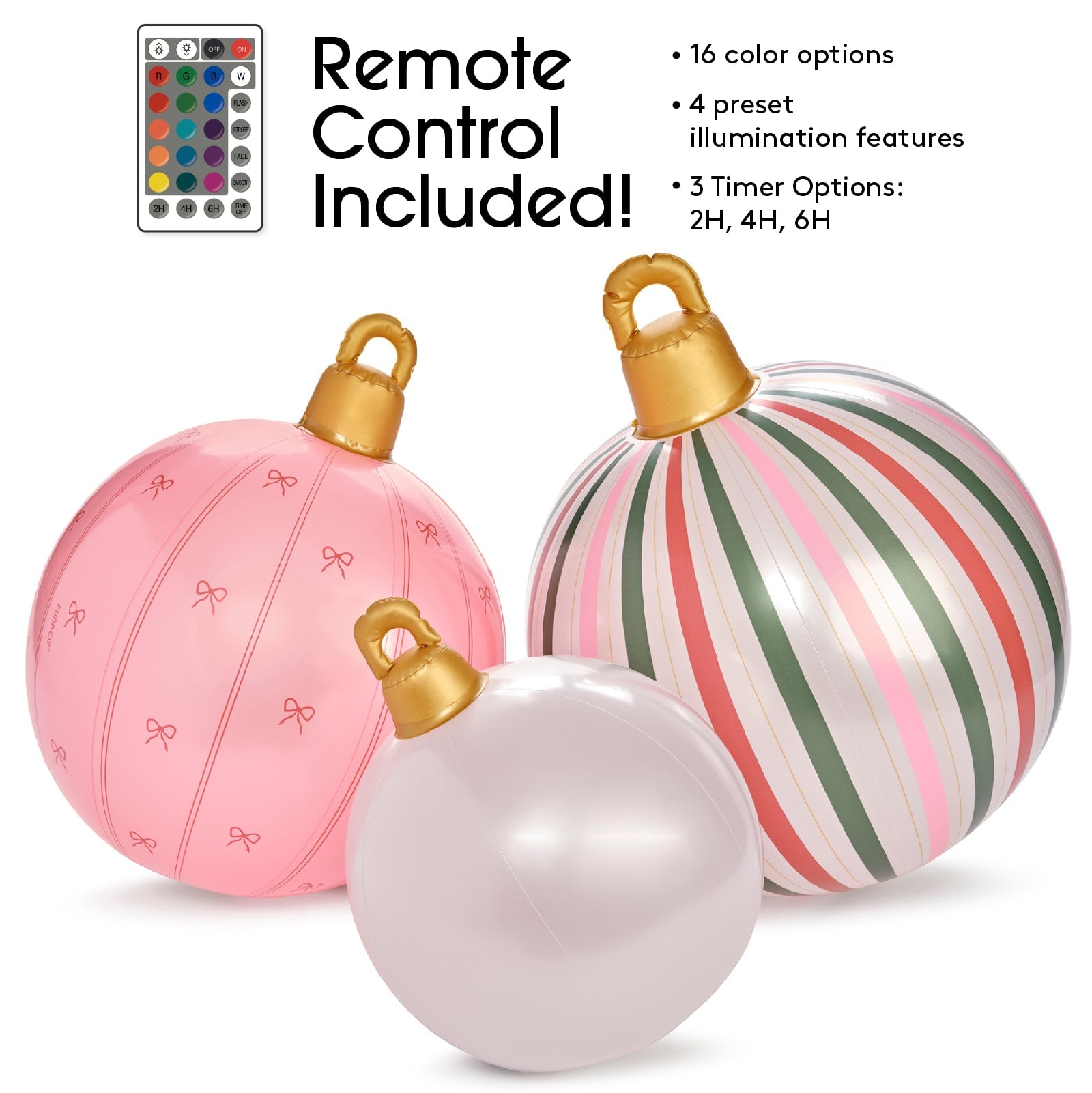 Decorative Christmas ornaments with remote control and color options on a white background