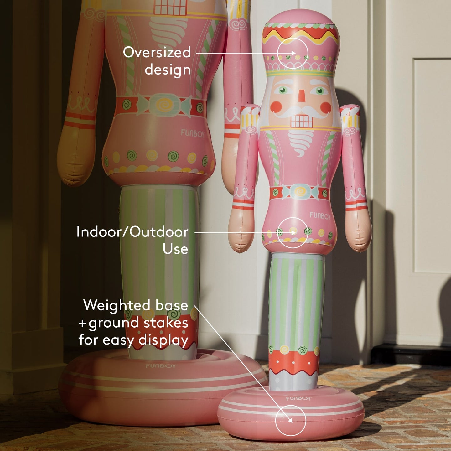 Inflatable nutcracker decoration with features highlighted on a neutral background