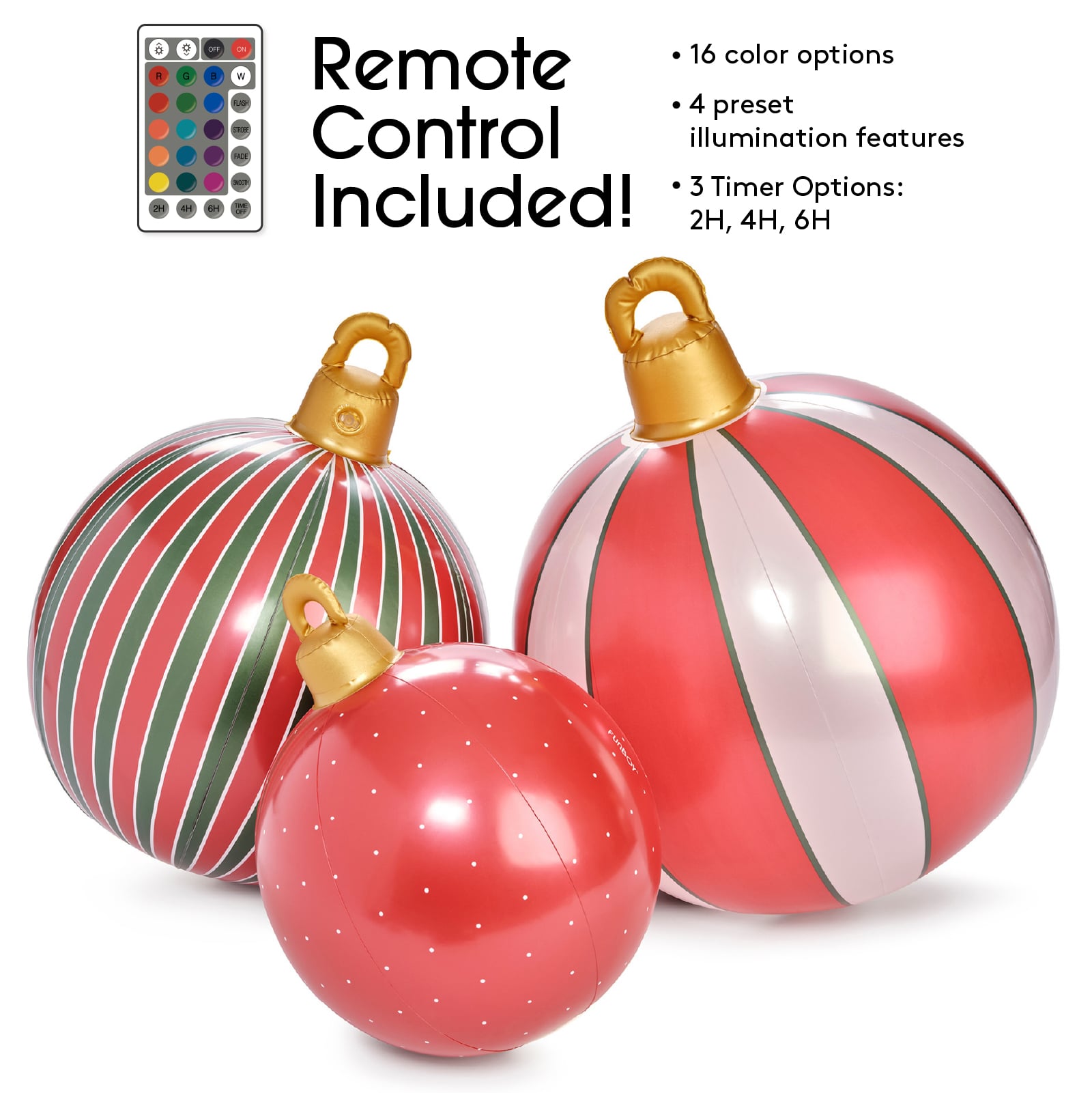 Inflatable Christmas ornaments with remote control and color options on a white background