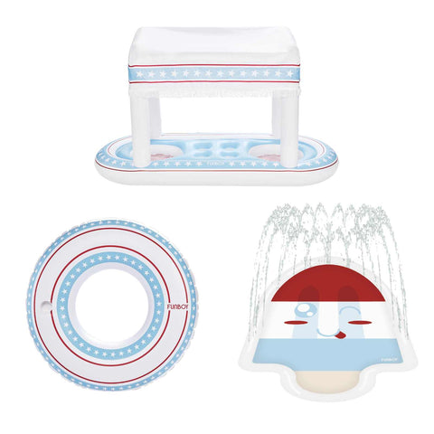 Set of inflatable pool toys including a ladder, float, and water blaster on a white background.