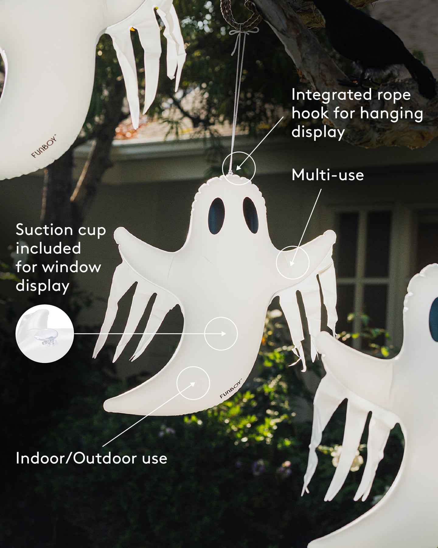Inflatable Halloween Decorations - Hanging Ghost 3 pack
Integrated rope hook for hanging display
Multi-use
Suction cup included for window display
Indoor/outdoor use
