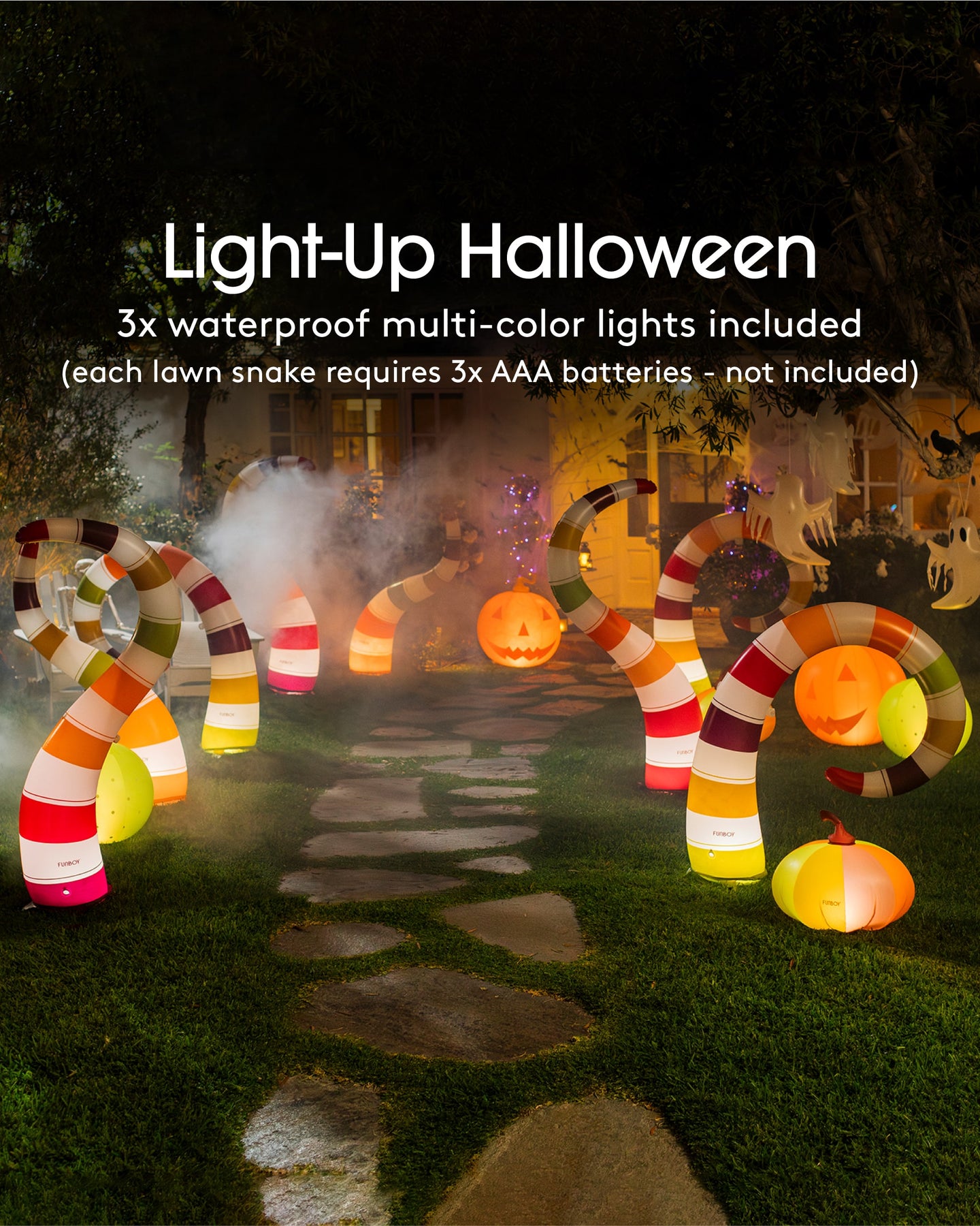 Colorful worm decor
Inflatable Halloween decor
Light-Up Halloween
3x waterproof multi-color lights included (each lawn snake requires 3x AAA batteries- not included)