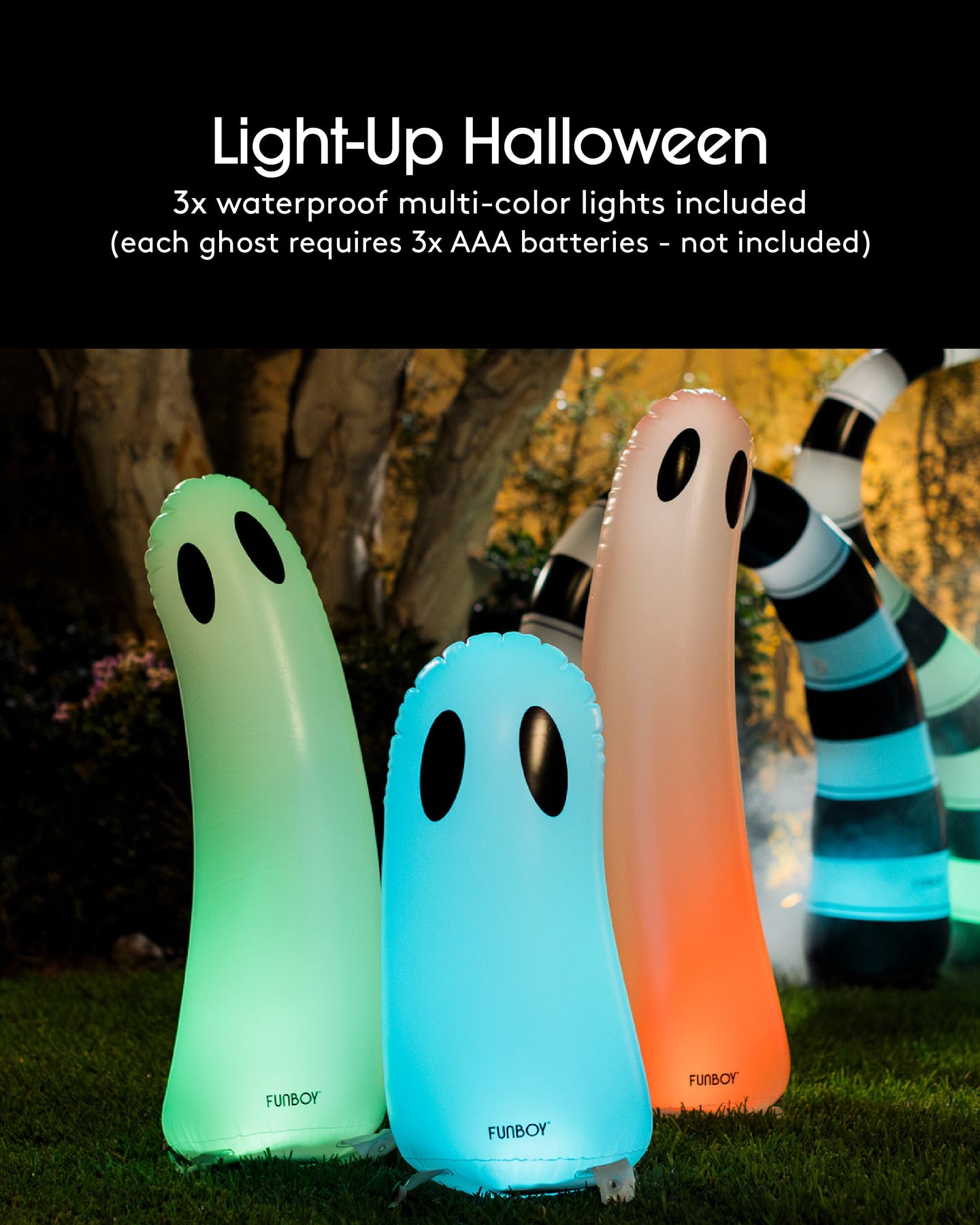 Inflatable Halloween Decorations - Standing Light up ghost 3-pack
Light-up halloween
3x waterproof multi-color lights included (each ghost requires 3x AAA batteries- not included)