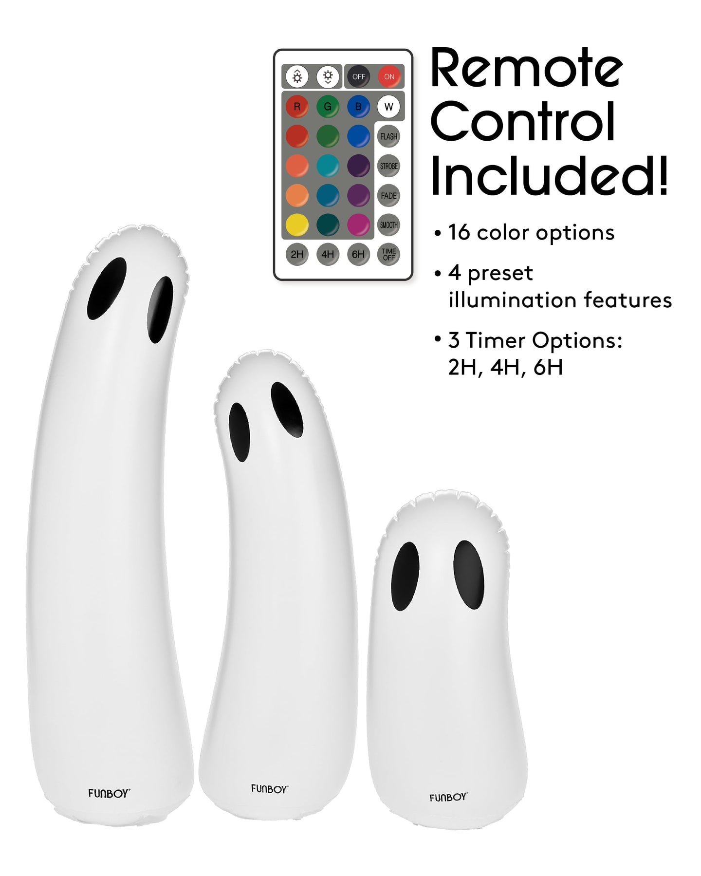 Inflatable Halloween Decorations - Standing Light up ghost 3-pack
Remote Control Included
16 color options, 4 preset illumination features, 3 timer options: 2H, 4H, 6H