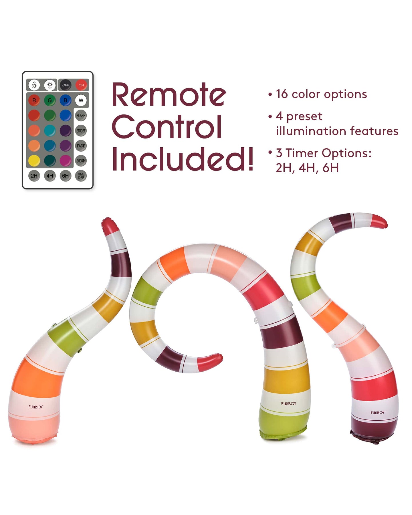 Colorful worm decor
Inflatable Halloween decor
Remote control included!
16 color options, 4 preset illumination features, 3 timer options: 2H, 4H, 6H