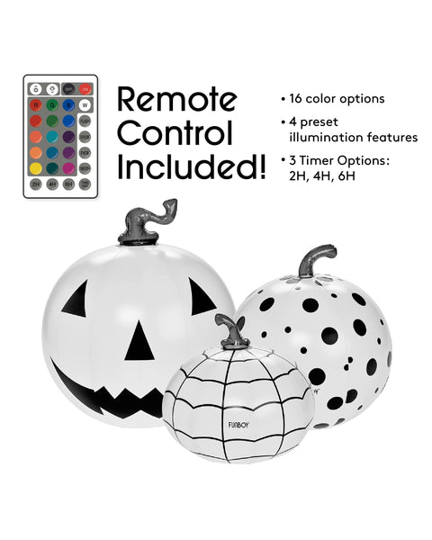 Three inflatable light up decorative pumpkins
Inflatable Halloween decor
Remote control included!
16 color options, 4 preset illumination features, 3 timer options: 2H, 4H, 6H