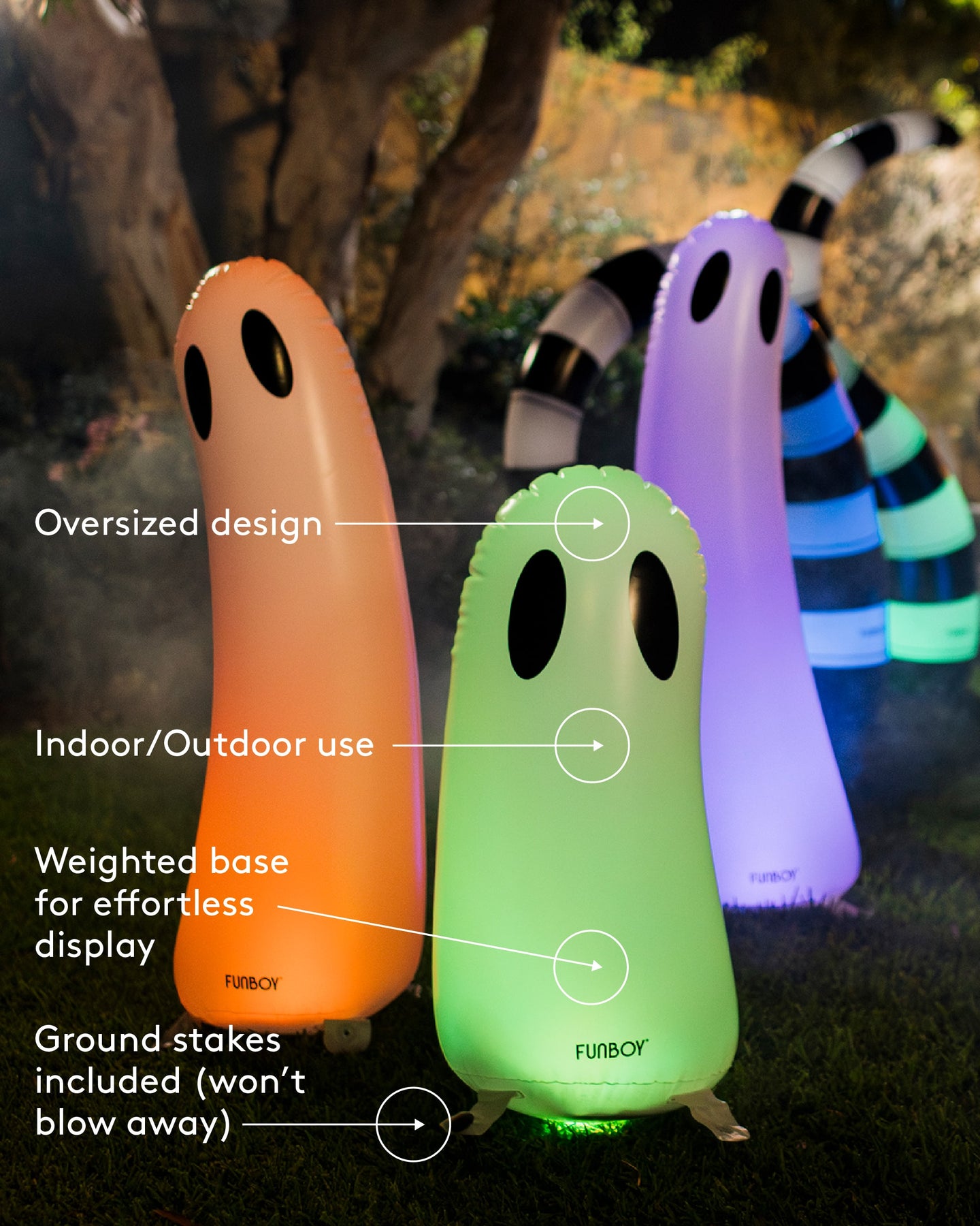 Inflatable Halloween Decorations - Standing Light up ghost 3-pack
Oversized design
Indoor/outdoor use
Weighted base for effortless display
Ground stakes included (won't blow away)
