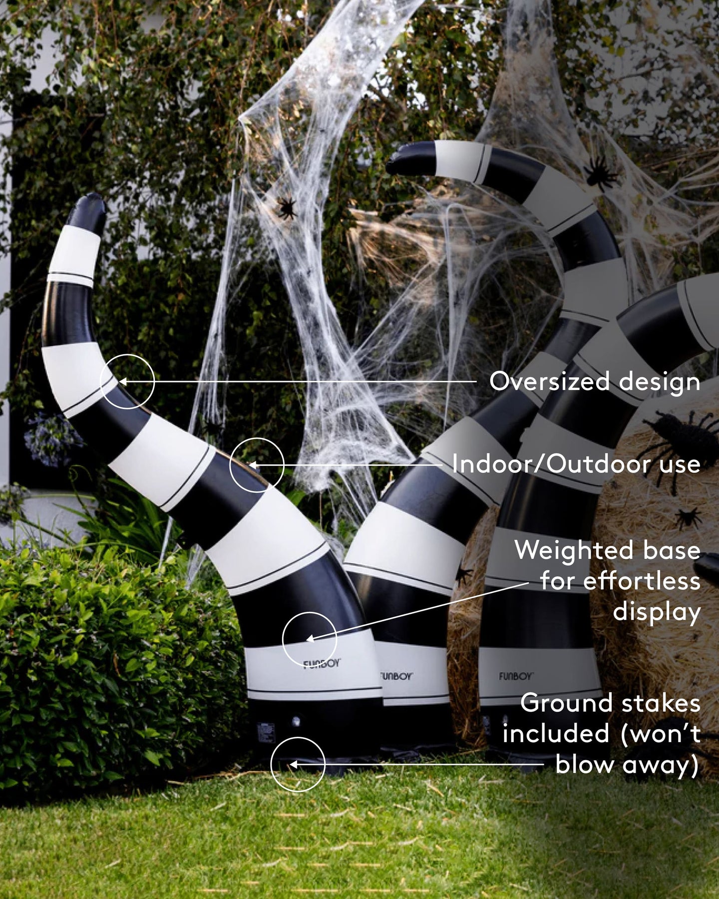 Halloween lawn snakes
Inflatable Halloween decor
Inflatable lawn snakes
Inflatable black and white worms
Oversized design
Indoor/outdoor use
Weighted base for effortless display
Ground stakes include (won't blow away)