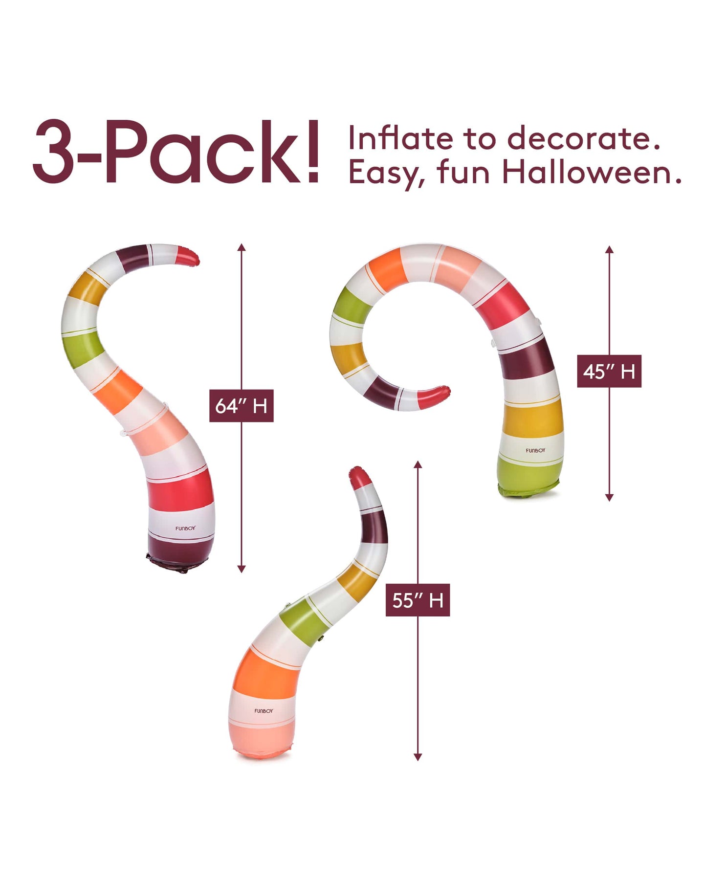 Colorful worm decor
Inflatable Halloween decor
3-Pack! Inflate to decorate. Easy, fun Halloween.
