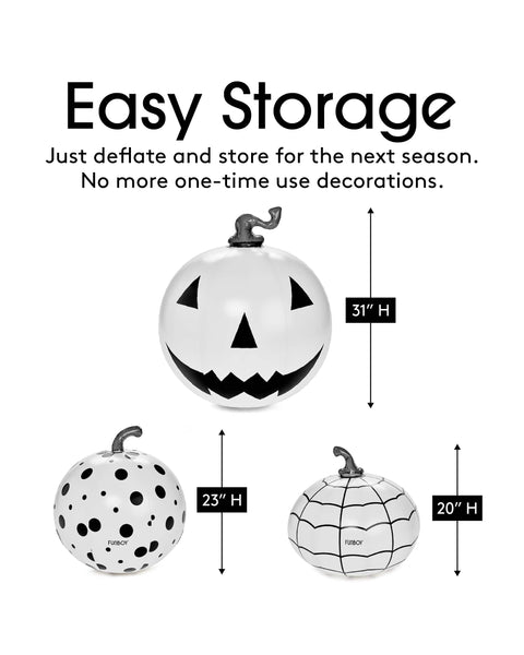 Three inflatable light up decorative pumpkins
Inflatable Halloween decor
Easy Storage
Just deflate and store for the next season