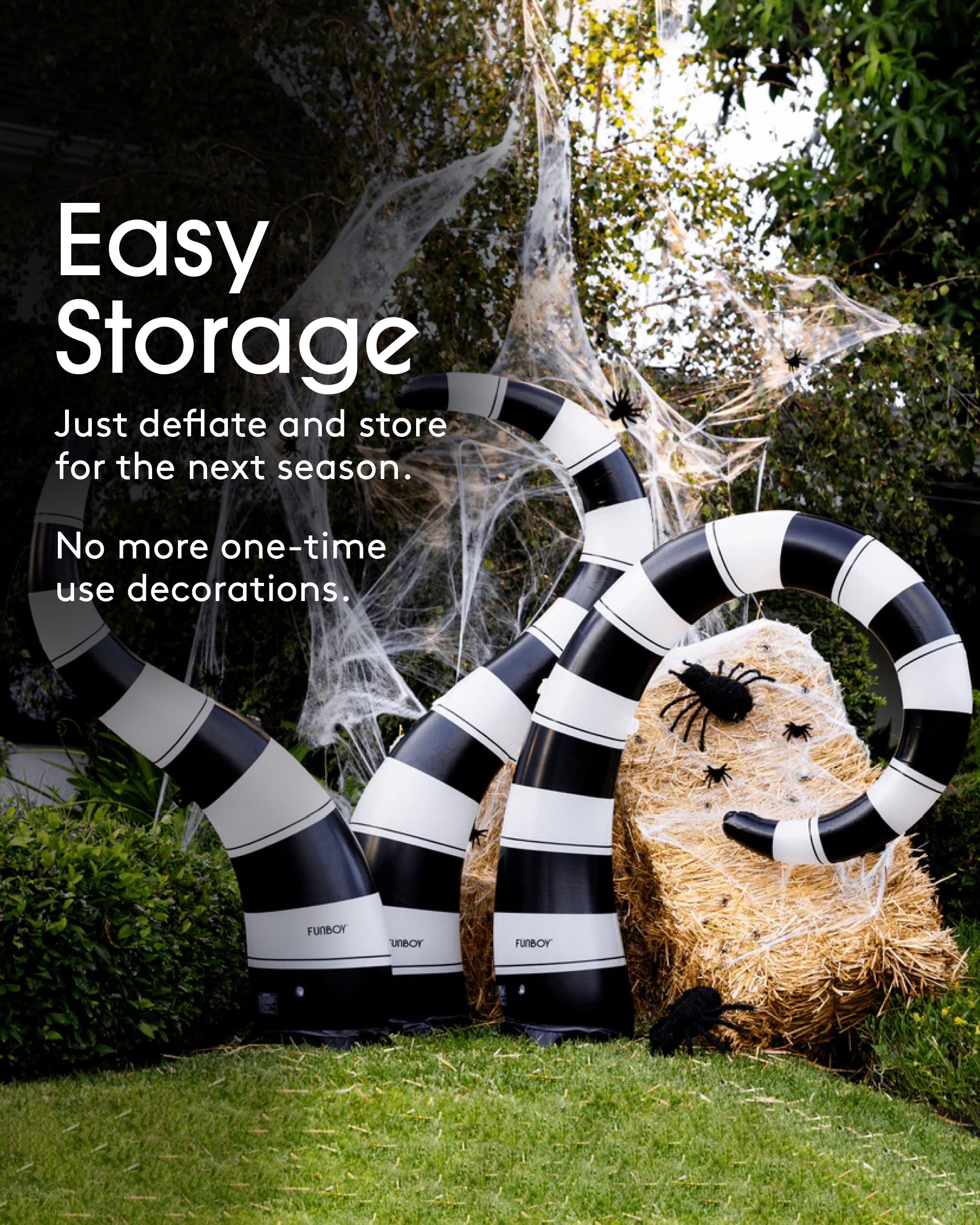 Halloween lawn snakes
Inflatable Halloween decor
Inflatable lawn snakes
Inflatable black and white worms
Easy Storage
Just deflate and store for next season
No more one-time use decorations