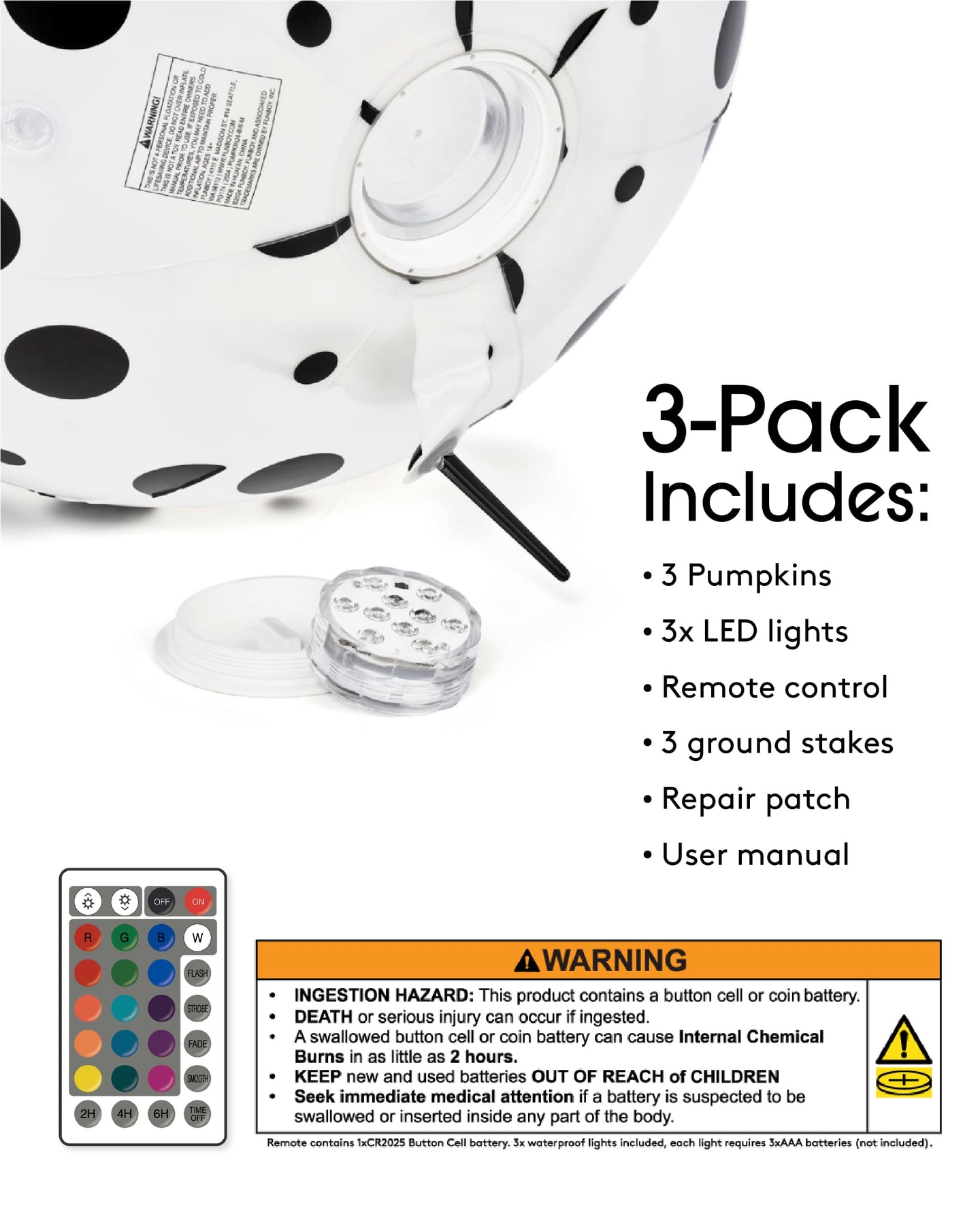 Three inflatable light up decorative pumpkins
Inflatable Halloween decor
3-pack included: 3 pumpkins, 3 LED lights, remote control, 3 ground stakes, repair patch, user manual