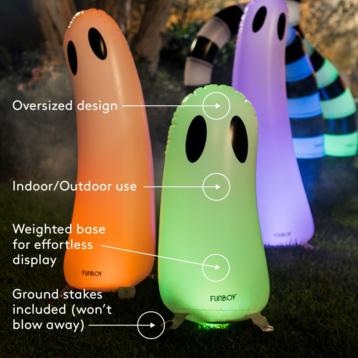 Inflatable Halloween Decorations - Standing Light up ghost 3-pack
Oversized design
Indoor/outdoor use
Weighted base for effortless display
Ground stakes included (won't blow away)