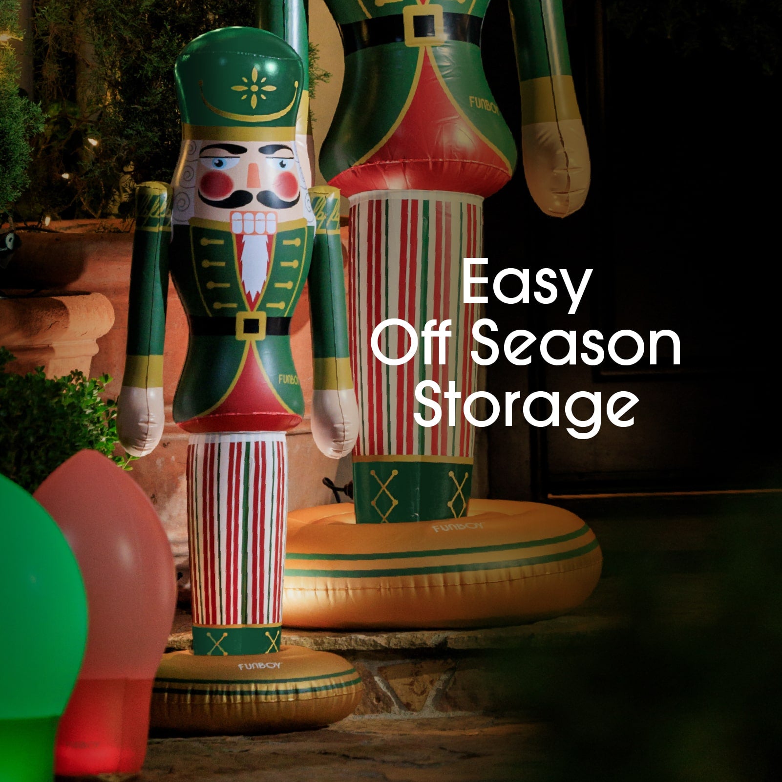 Inflatable nutcrackers with text 'Easy Off Season Storage' on a dark background