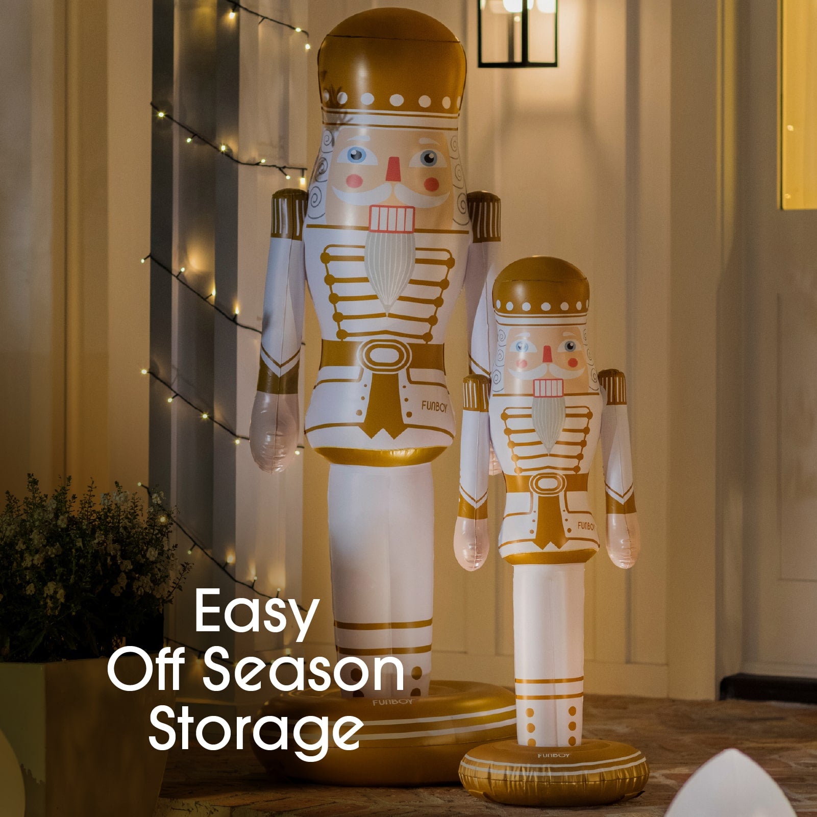 Two nutcrackers in a decorative setting with text 'Easy Off Season Storage'