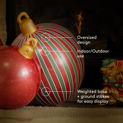 Decorative ornament with red and green stripes, featuring text on its features