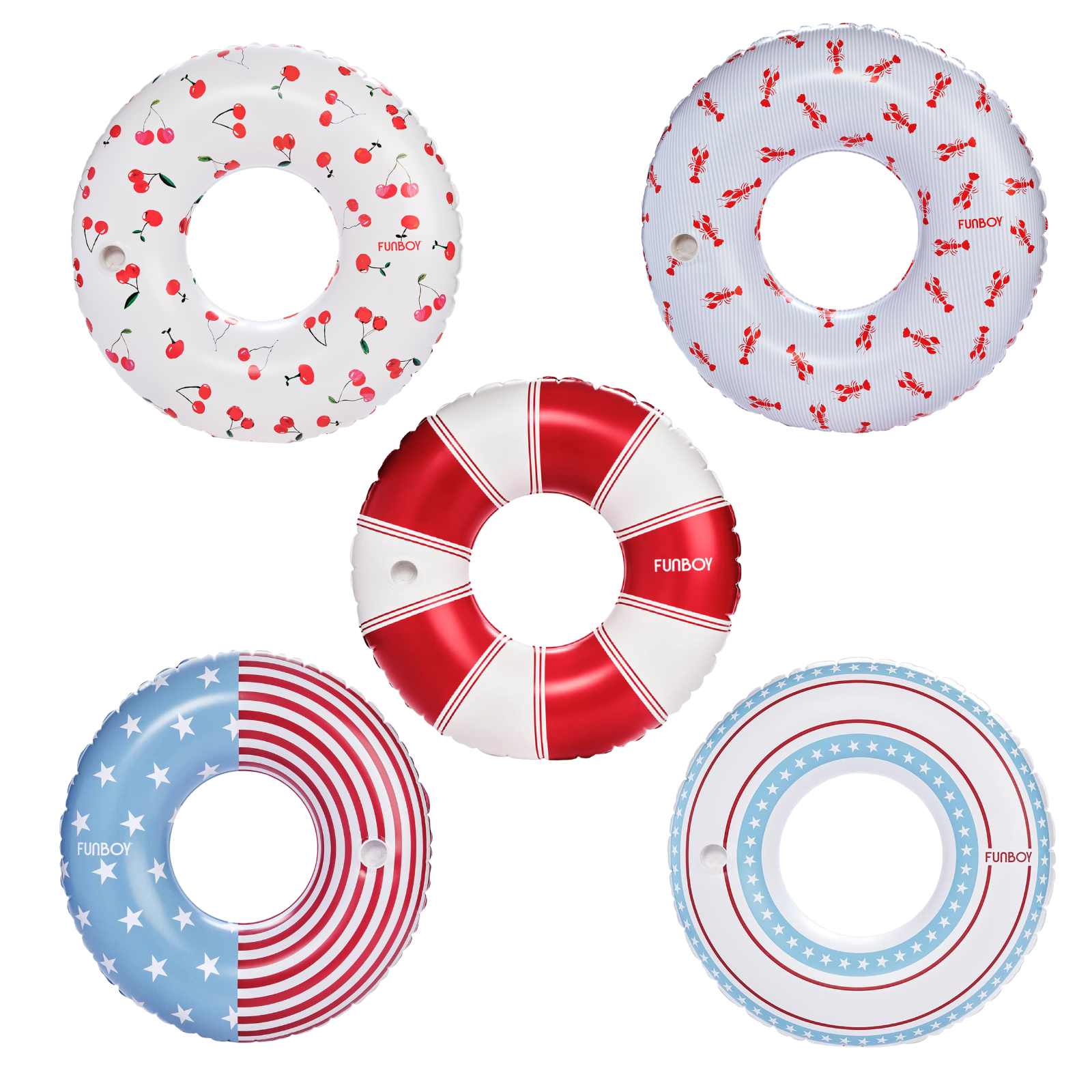 Five colorful inflatable tubes with various patterns on a white background