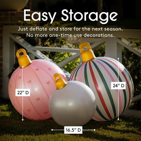 Decorative balloons with measurements and text about easy storage