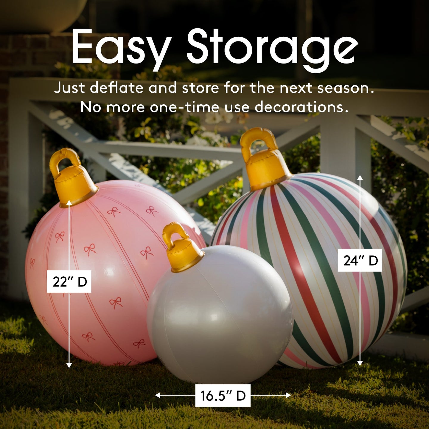 Decorative balloons with measurements and text about easy storage. Text reads "Easy Storage, just deflate and store for the next season. No more one time use decorations.