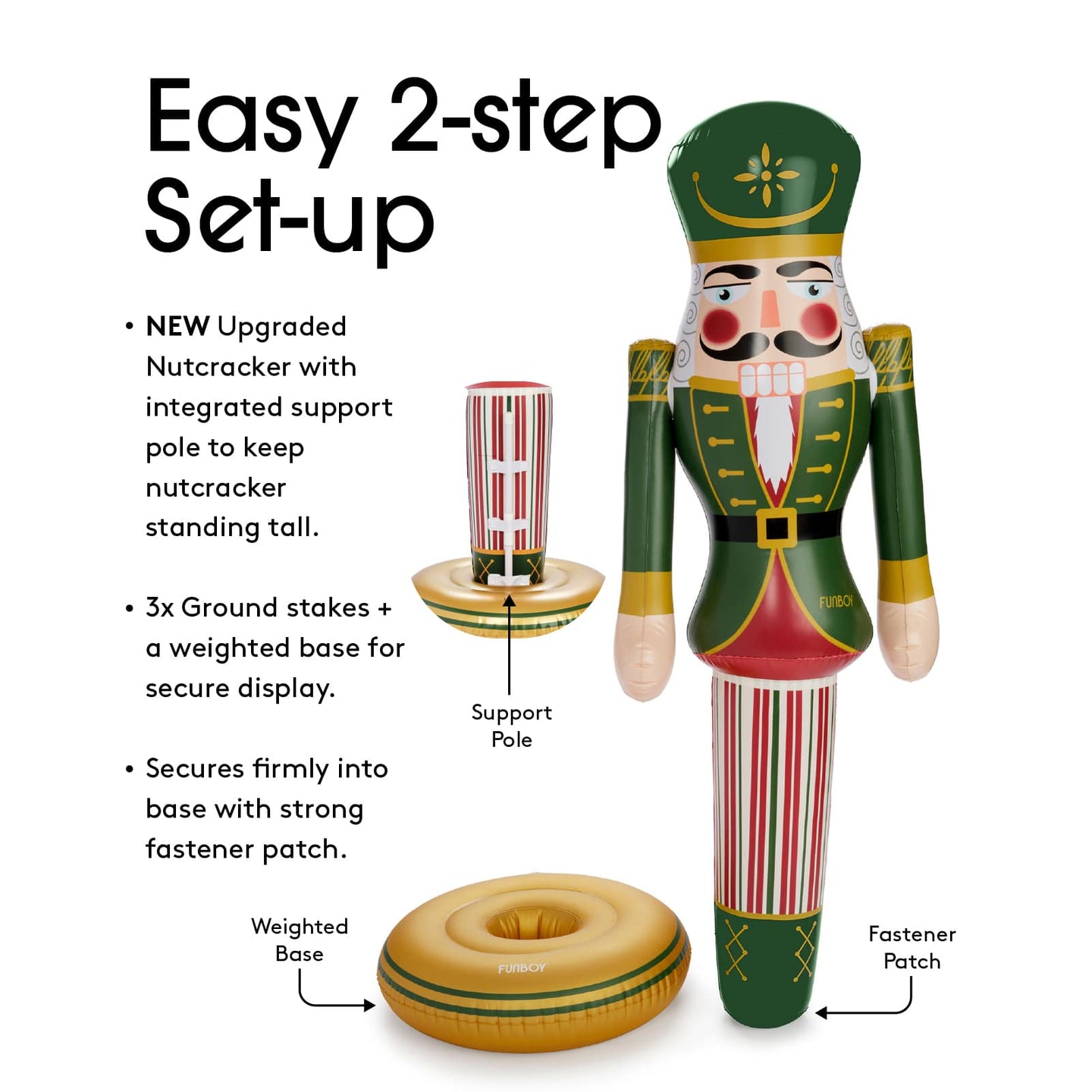 Nutcracker decoration with support pole, ground stakes, and weighted base on a white background. Copy reads: Easy 2-step Set Up. NEW upgraded nutcracker with integrated support pole to keep nutcracker standing  tall. 3x ground stakes + weighted based for secure display. Secures firmly into base with strong fastener patch.