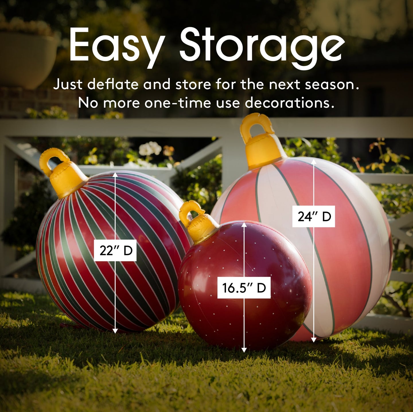 Decorative balls with measurement labels on grass, text about easy storage.
