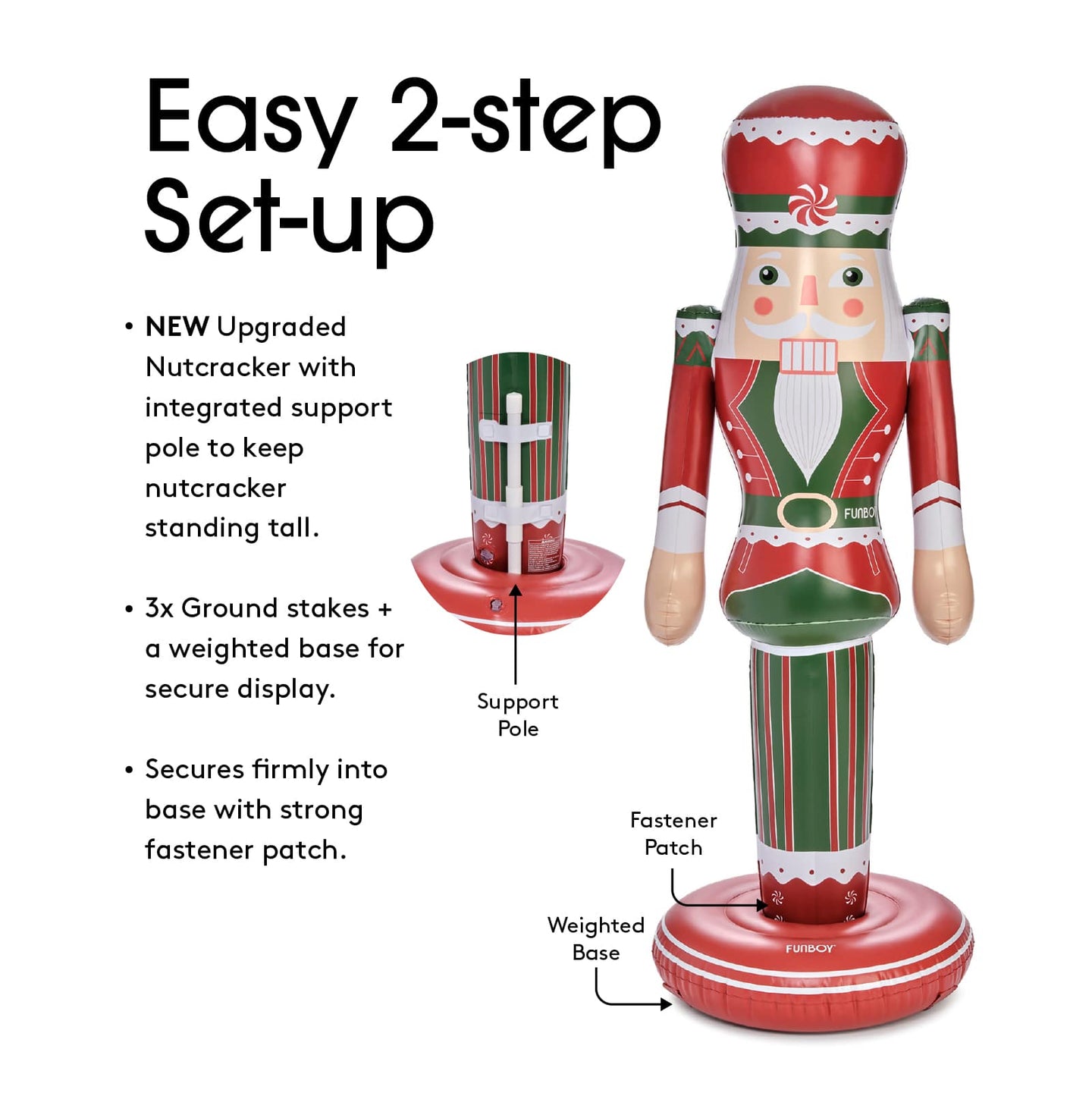 Nutcracker decoration with support pole, ground stakes, and weighted base on a white background. Copy reads: Easy 2-step Set Up. NEW upgraded nutcracker with integrated support pole to keep nutcracker standing  tall. 3x ground stakes + weighted based for secure display. Secures firmly into base with strong fastener patch.
