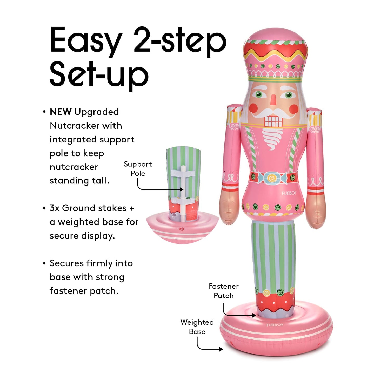 Nutcracker decoration with support pole, ground stakes, and weighted base on a white background. Copy reads: Easy 2-step Set Up. NEW upgraded nutcracker with integrated support pole to keep nutcracker standing  tall. 3x ground stakes + weighted based for secure display. Secures firmly into base with strong fastener patch.