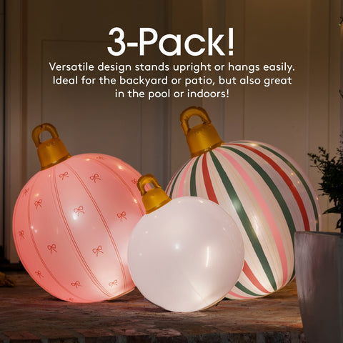 Three decorative balls in pink, white, and striped design on a wooden surface with text about their versatility